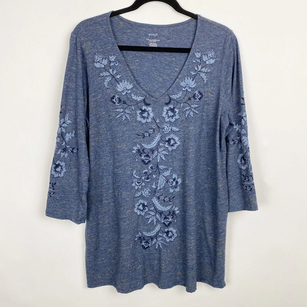Pure Jill Embroidered Floral Slub Jersey Tunic Top Womens Medium Blue